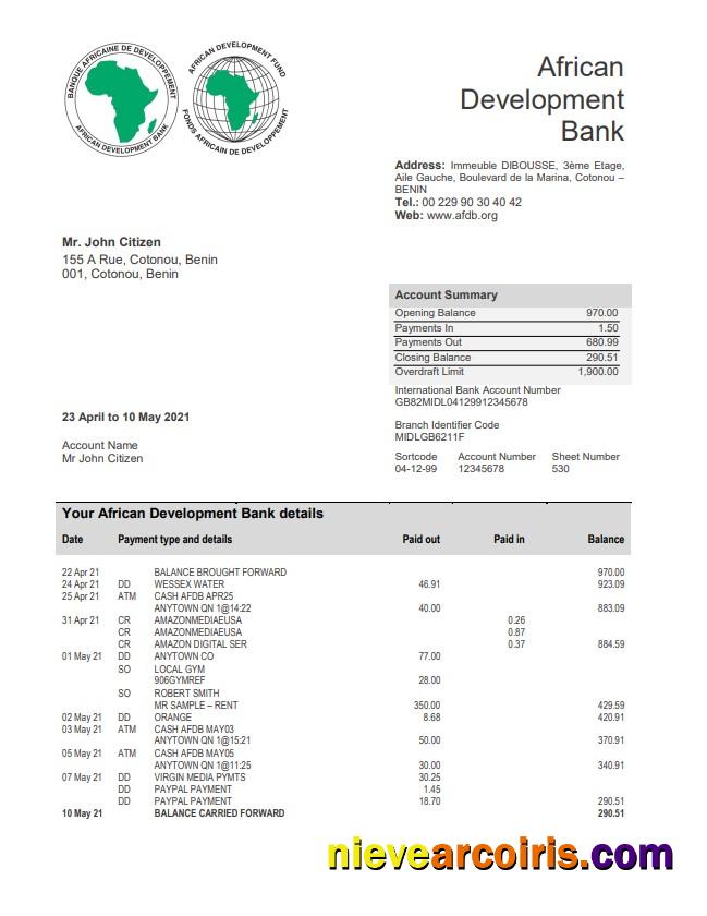 Benin African Development Bank statement